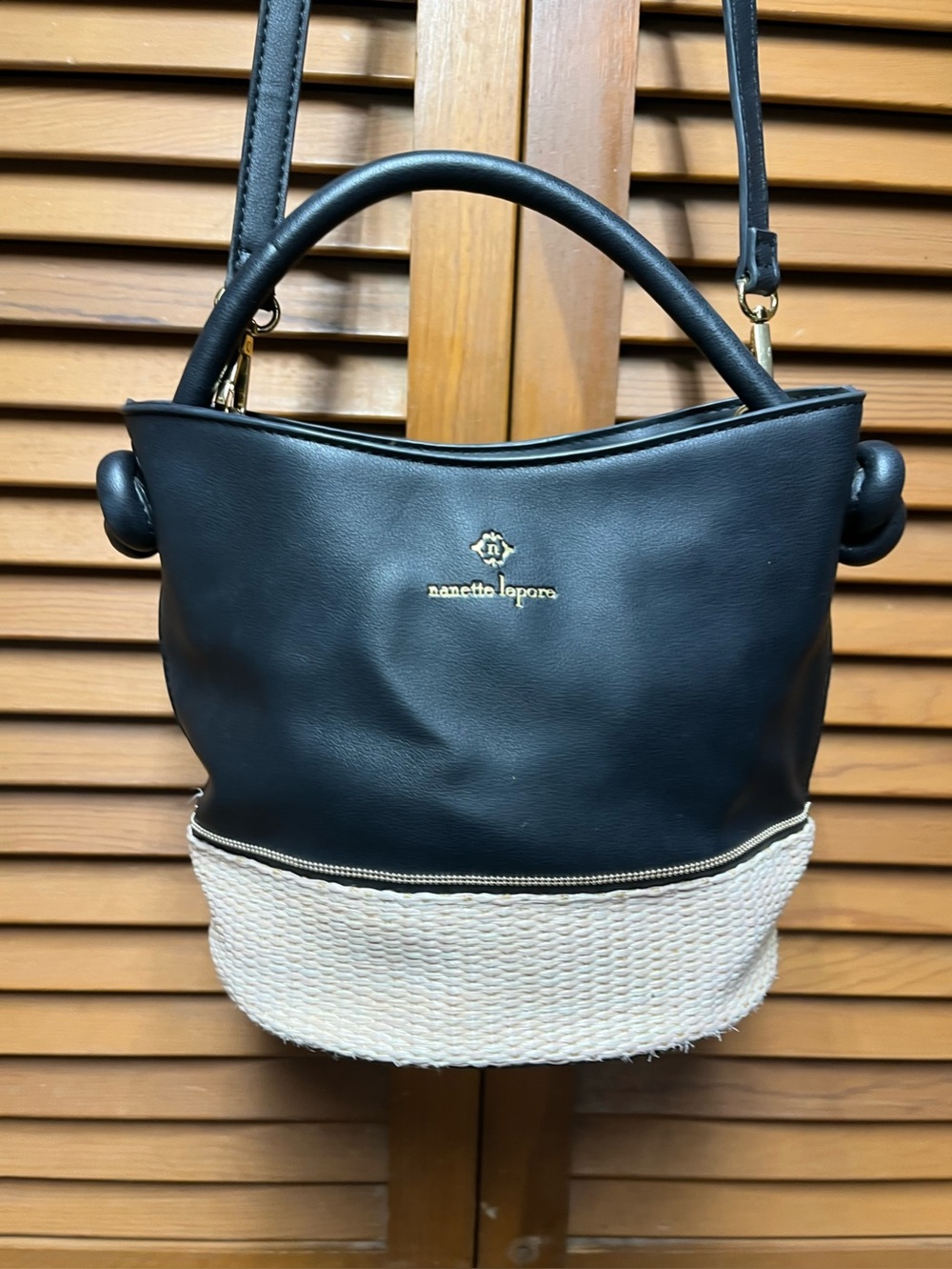 Nanette Lepore Black Leather Woven Straw Bucket Crossbody Bag Top Handle